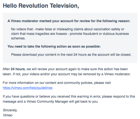 Chelsea Clinton co-directs IAC, parent of Vimeo who sent this notice to Dr. Horowitz's Revolution Television service.